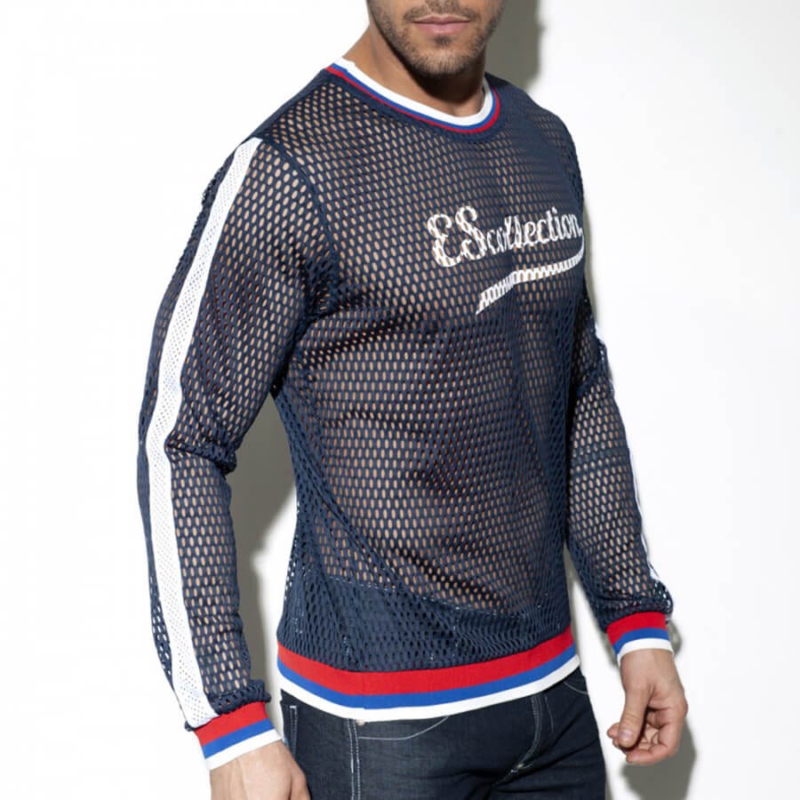 ES Collection Open Mesh Long T-Shirt, Navy